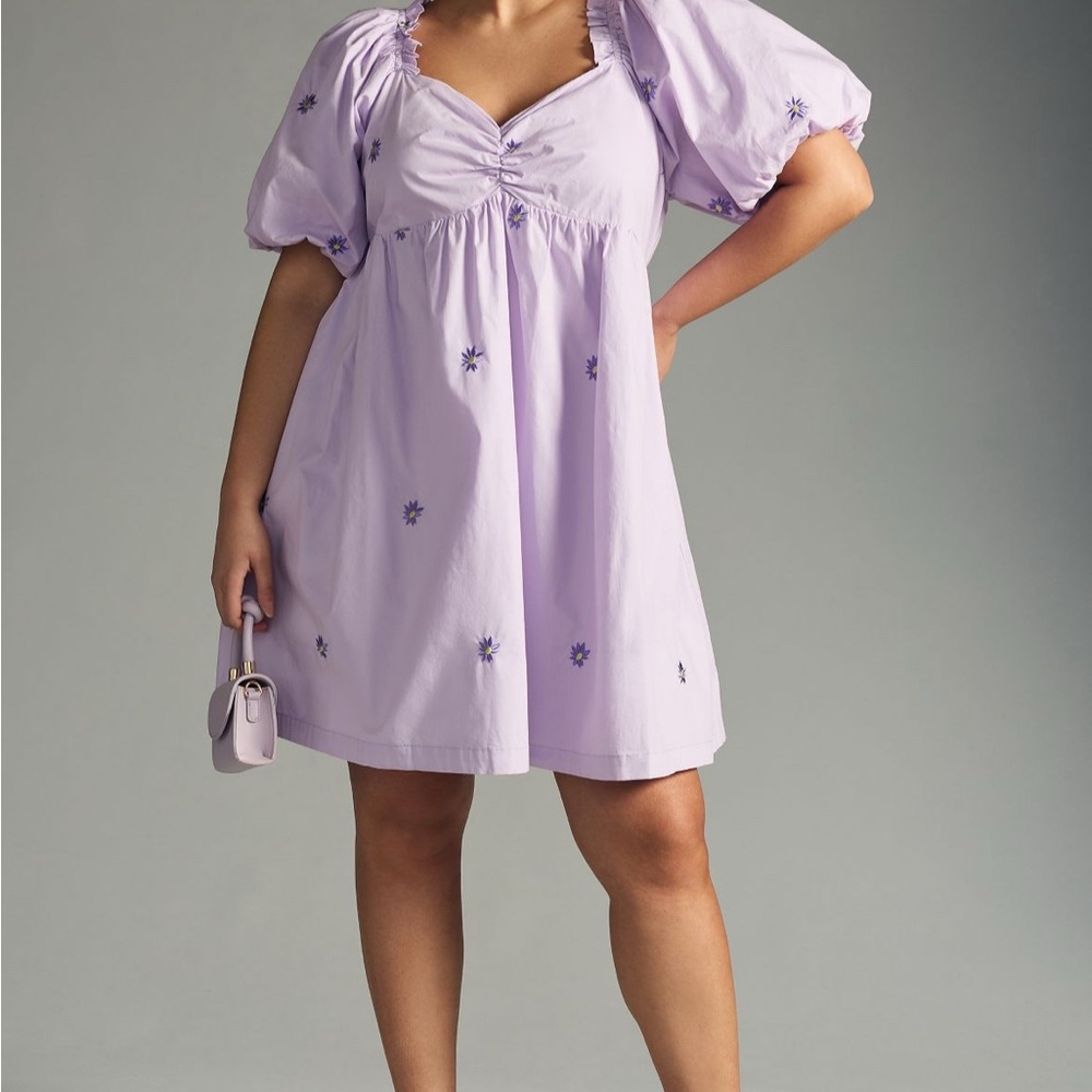 Lavender Dress with Puff Sleeves and Floral Details